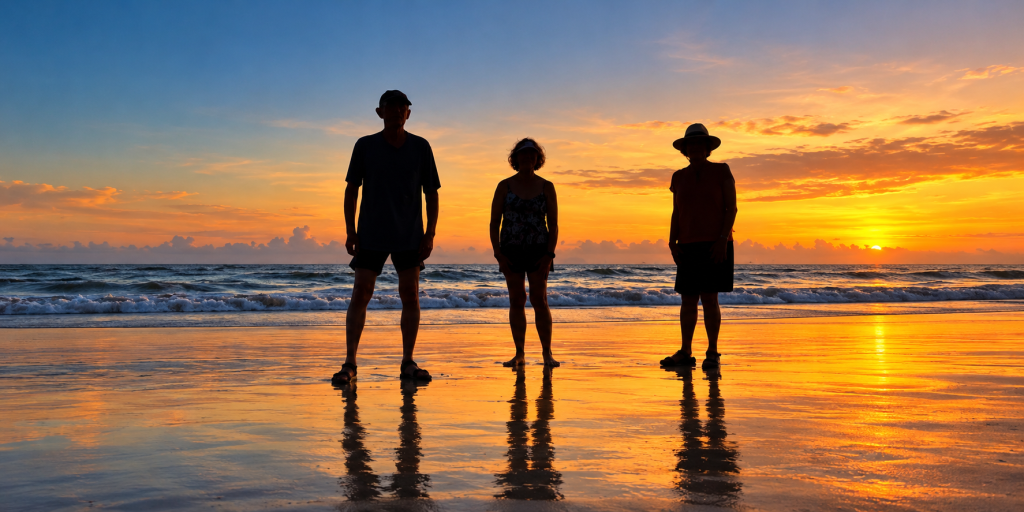 Visitors on the beach in Playa Guiones at sunset